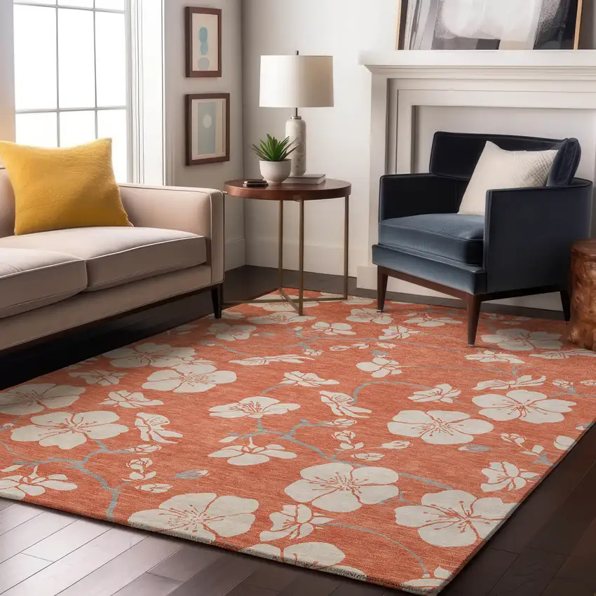 Coral And Ivory Floral Washable Area Rug With UV Protection Photo 4