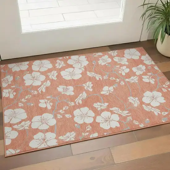 Coral And Ivory Floral Washable Area Rug With UV Protection Photo 2