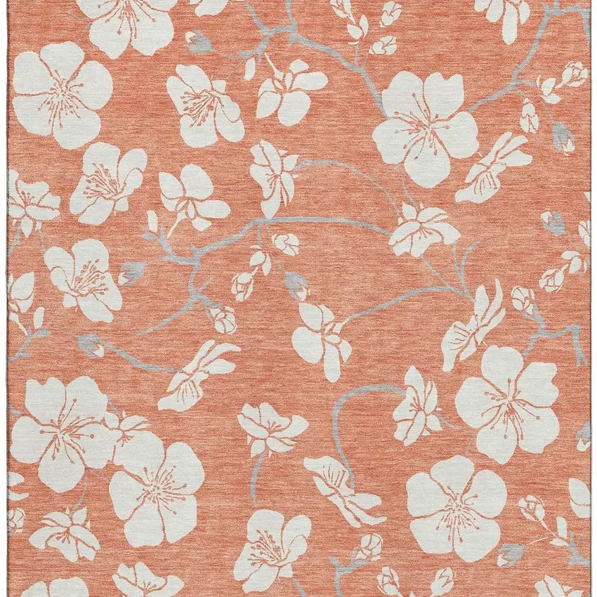Coral And Ivory Floral Washable Area Rug With UV Protection Photo 3