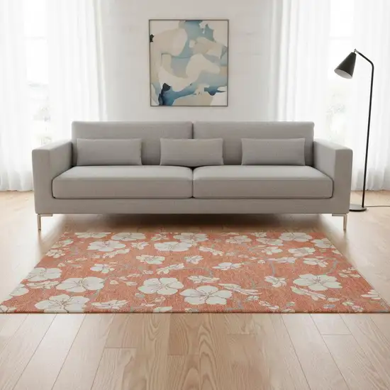 Coral And Ivory Floral Washable Area Rug With UV Protection Photo 2
