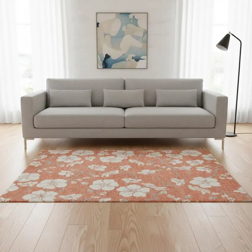 Coral And Ivory Floral Washable Area Rug With UV Protection Photo 2