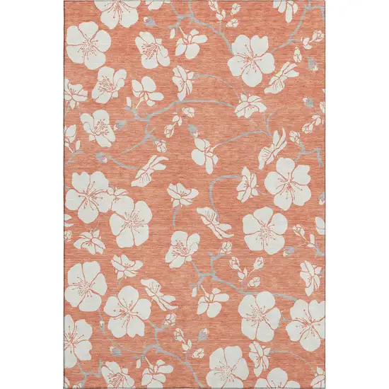 Coral And Ivory Floral Washable Area Rug With UV Protection Photo 1