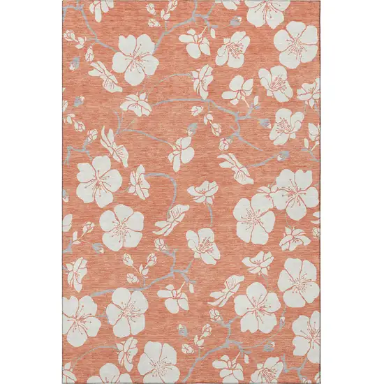 Coral And Ivory Floral Washable Area Rug With UV Protection Photo 3