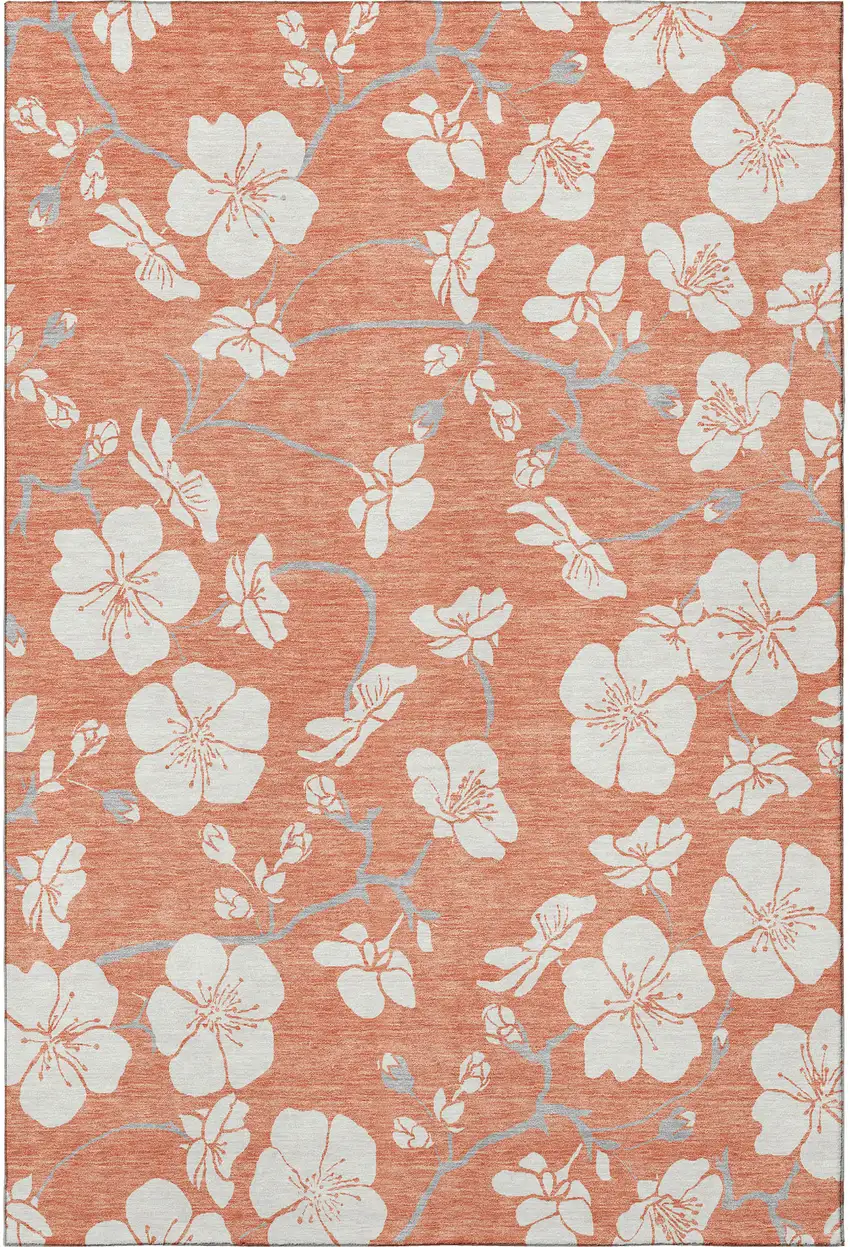 Coral And Ivory Floral Washable Area Rug With UV Protection Photo 3