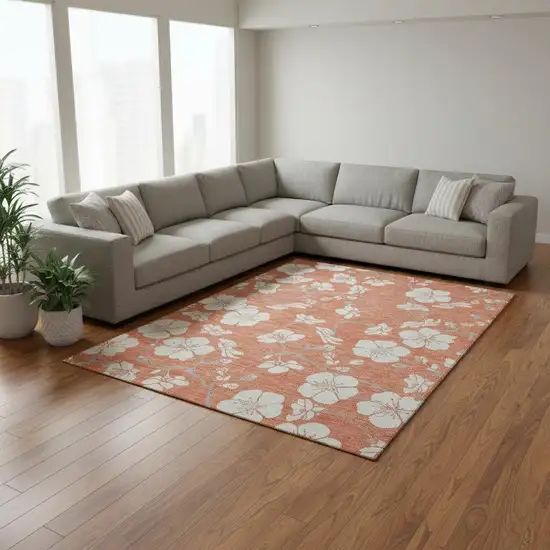 Coral And Ivory Floral Washable Area Rug With UV Protection Photo 2