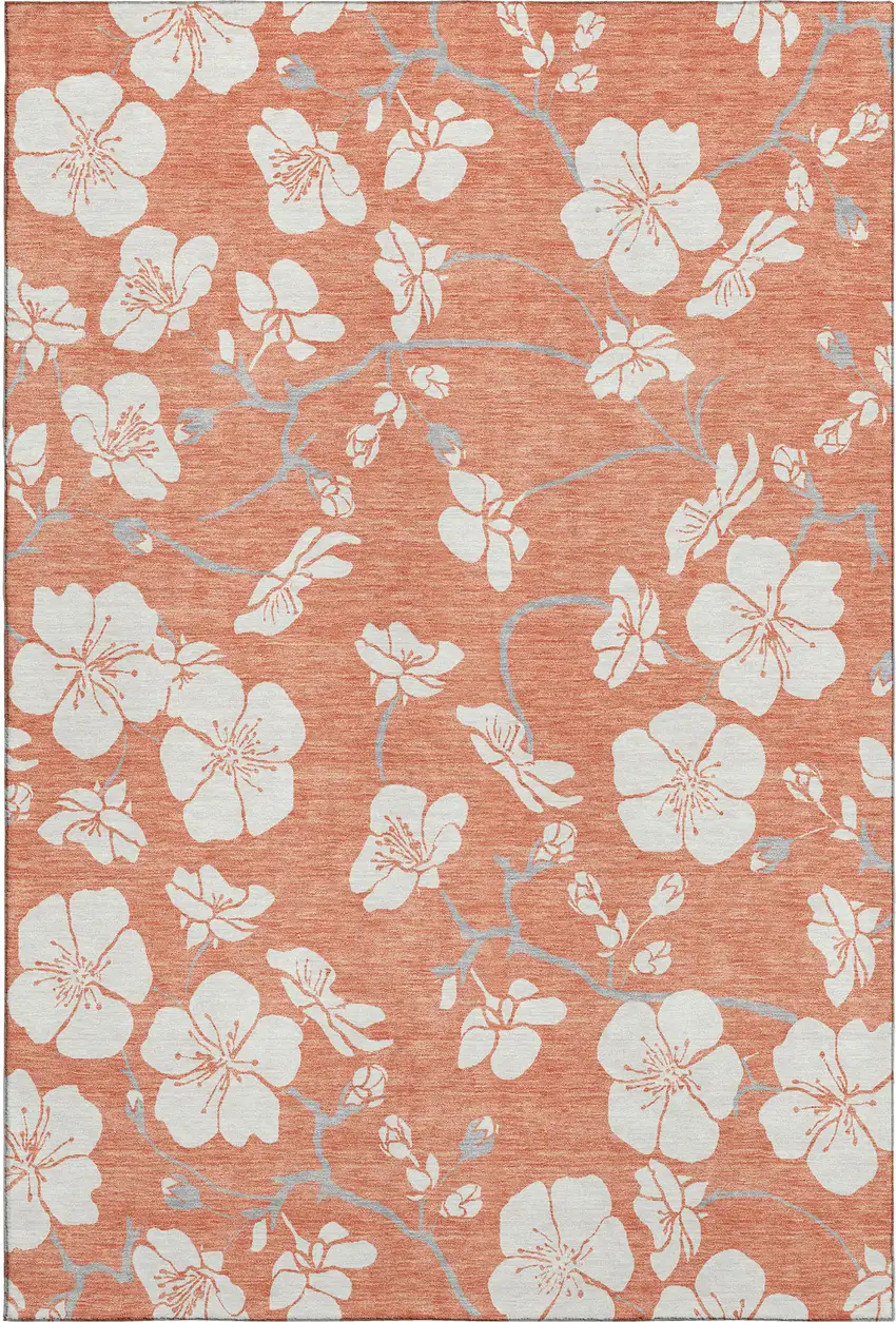 Coral And Ivory Floral Washable Area Rug With UV Protection Photo 1