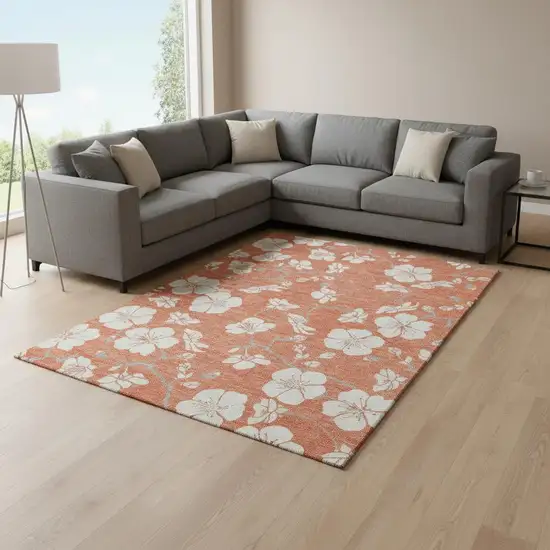 Coral And Ivory Floral Washable Area Rug With UV Protection Photo 2