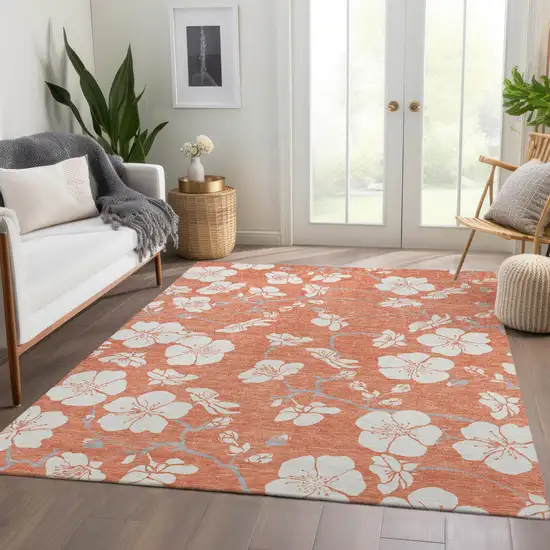 Coral And Ivory Floral Washable Area Rug With UV Protection Photo 5