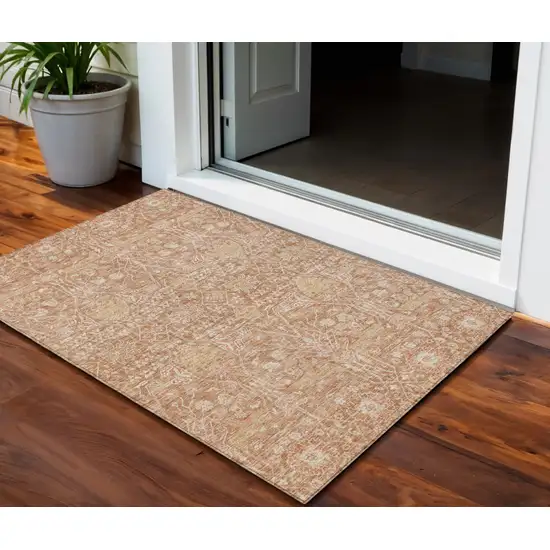 Coral And Ivory Floral Washable Indoor Outdoor Area Rug Photo 1
