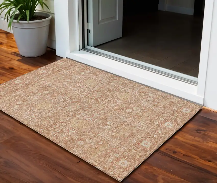 Coral And Ivory Floral Washable Indoor Outdoor Area Rug Photo 1