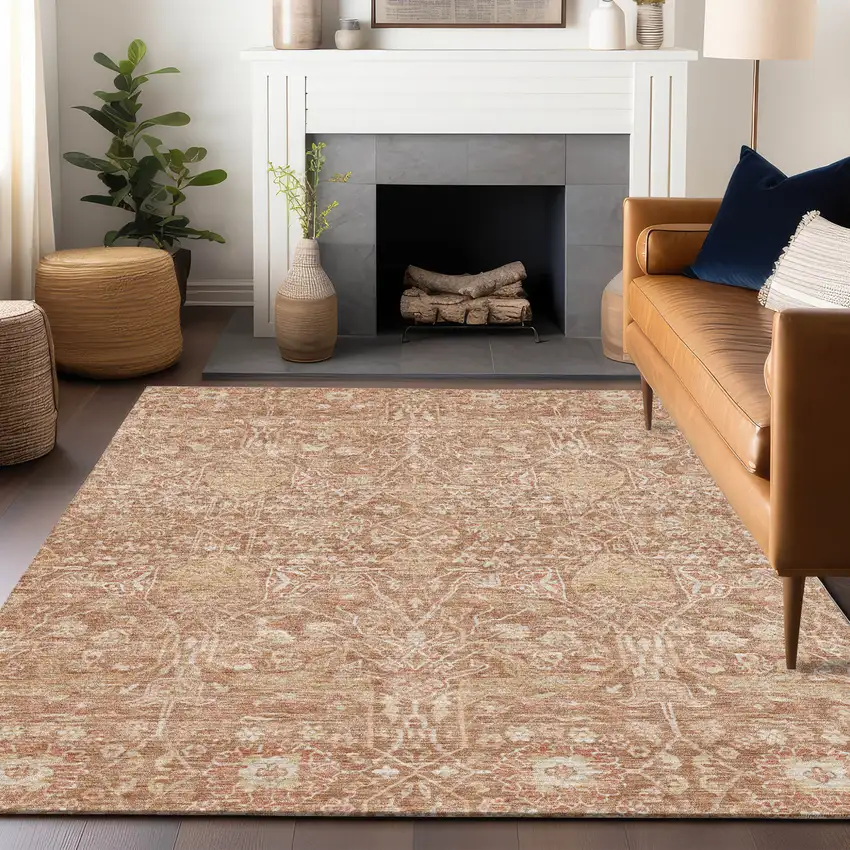 Coral And Ivory Floral Washable Indoor Outdoor Area Rug Photo 8