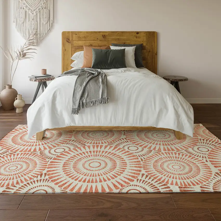 Coral And Ivory Geometric Washable Area Rug With UV Protection Photo 6