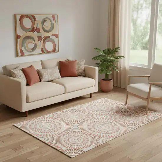 Coral And Ivory Geometric Washable Area Rug With UV Protection Photo 1