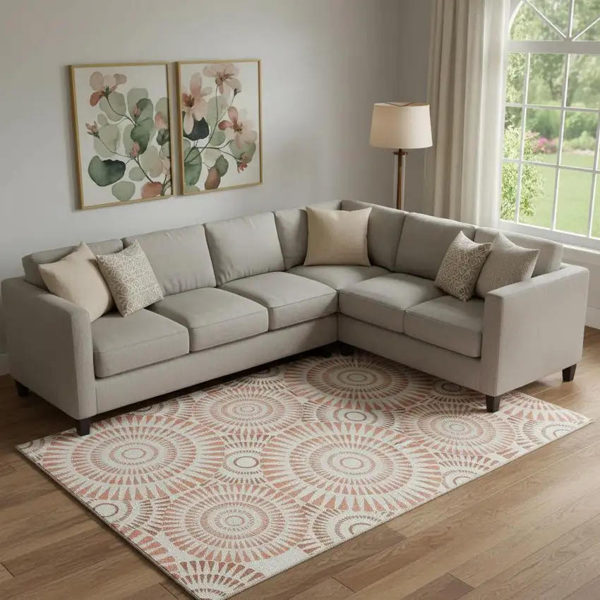 Coral And Ivory Geometric Washable Area Rug With UV Protection Photo 1