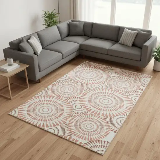 Coral And Ivory Geometric Washable Area Rug With UV Protection Photo 2