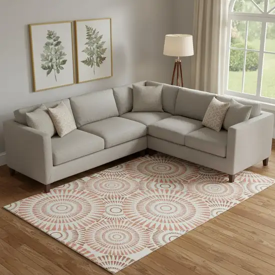 Coral And Ivory Geometric Washable Area Rug With UV Protection Photo 1