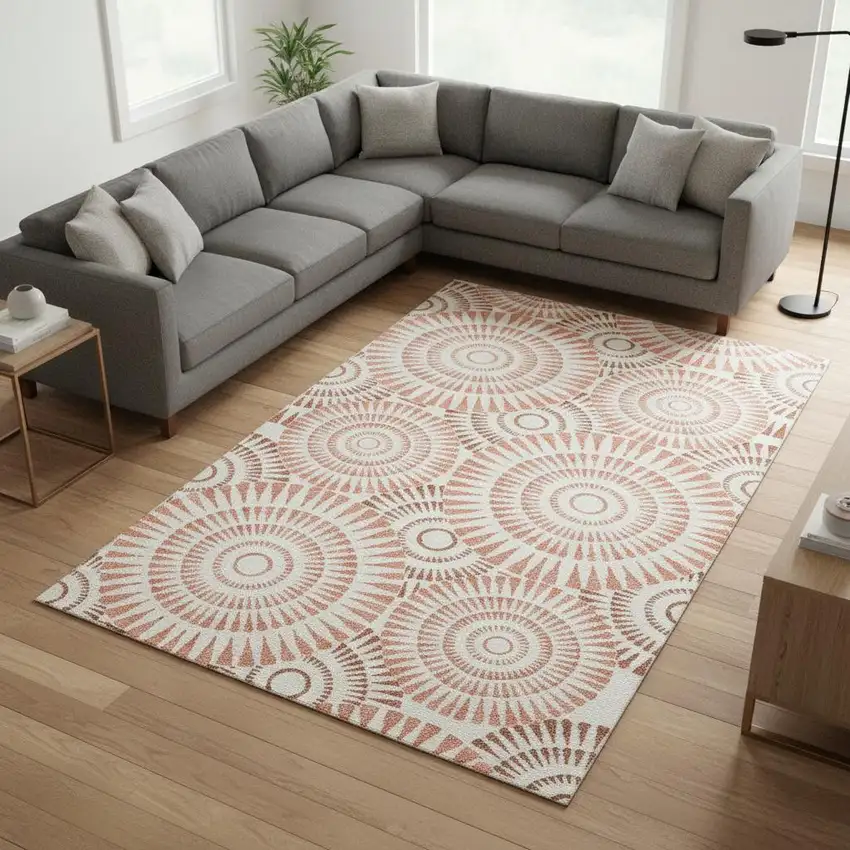 Coral And Ivory Geometric Washable Area Rug With UV Protection Photo 2