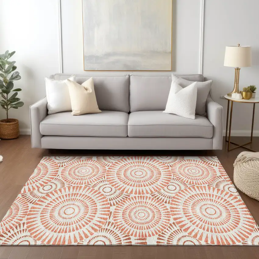 Coral And Ivory Geometric Washable Indoor Outdoor Area Rug Photo 9