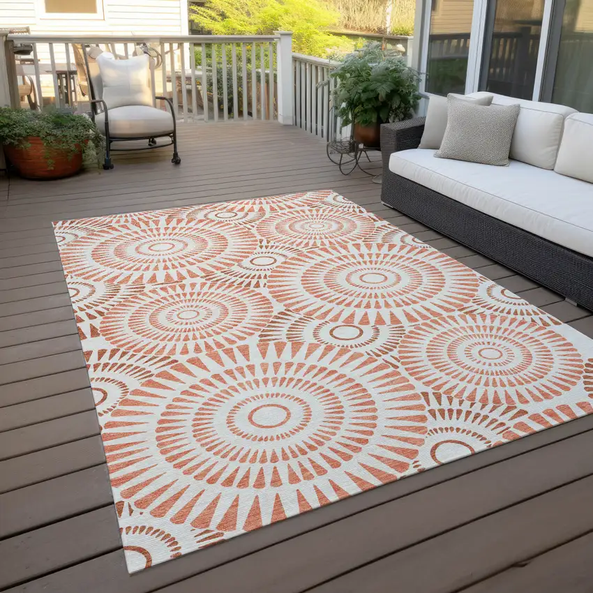 Coral And Ivory Geometric Washable Indoor Outdoor Area Rug Photo 8