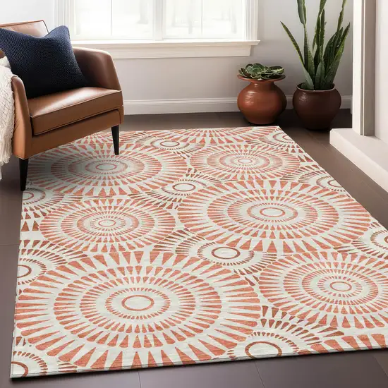 Coral And Ivory Geometric Washable Indoor Outdoor Area Rug Photo 9