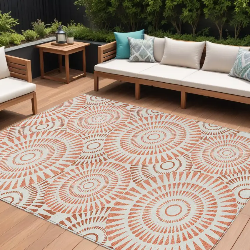 Coral And Ivory Geometric Washable Indoor Outdoor Area Rug Photo 1