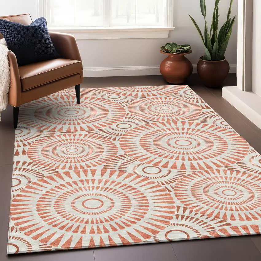 Coral And Ivory Geometric Washable Indoor Outdoor Area Rug Photo 8