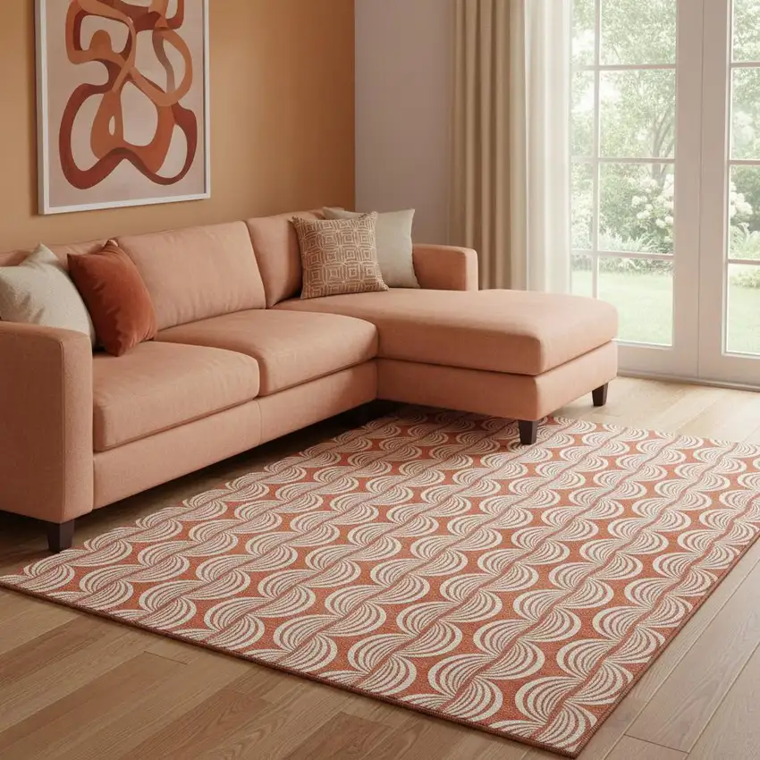 Coral And Ivory Ogee Washable Area Rug With UV Protection Photo 2