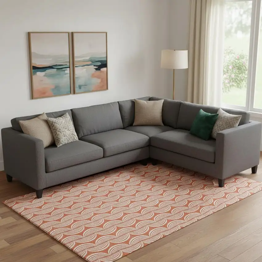 Coral And Ivory Ogee Washable Area Rug With UV Protection Photo 2