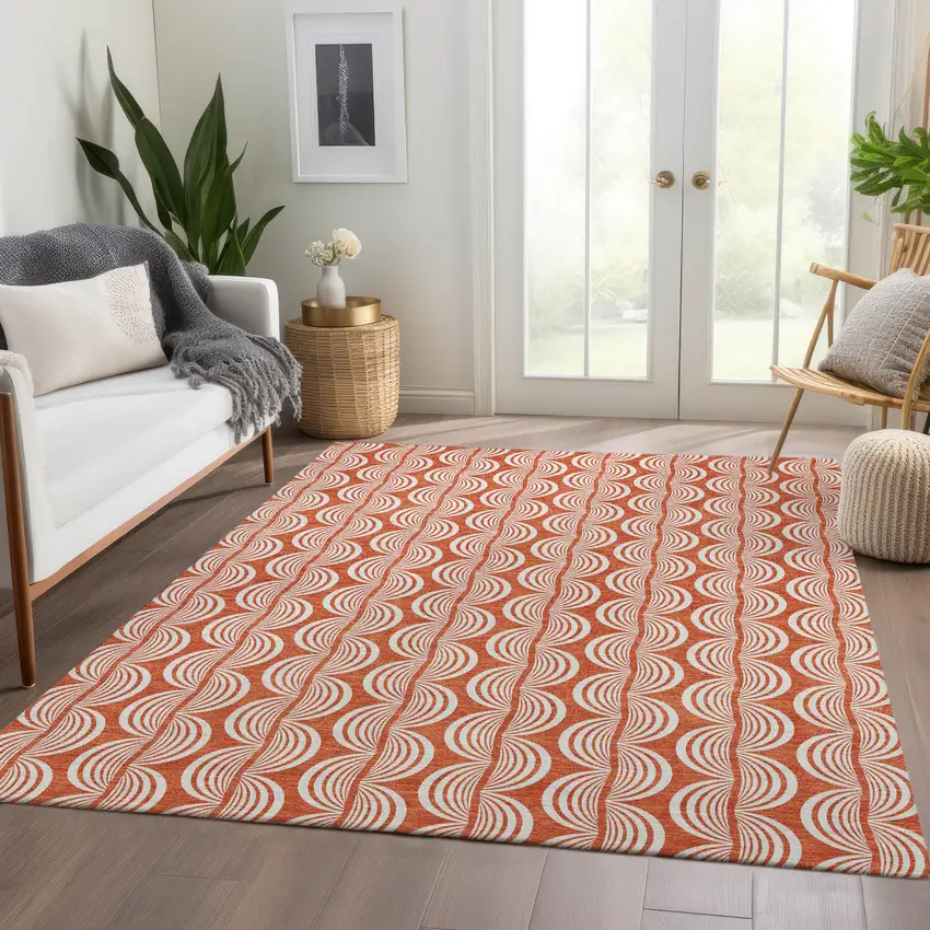 Coral And Ivory Ogee Washable Area Rug With UV Protection Photo 5