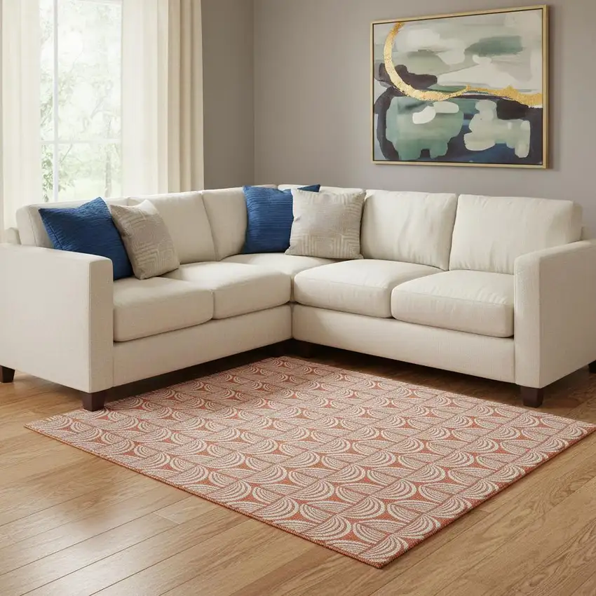 Coral And Ivory Ogee Washable Area Rug With UV Protection Photo 2