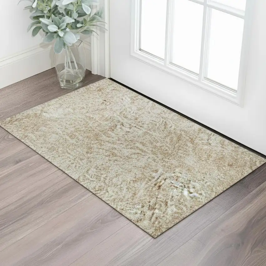Coral And Ivory Oriental Washable Area Rug With UV Protection Photo 2