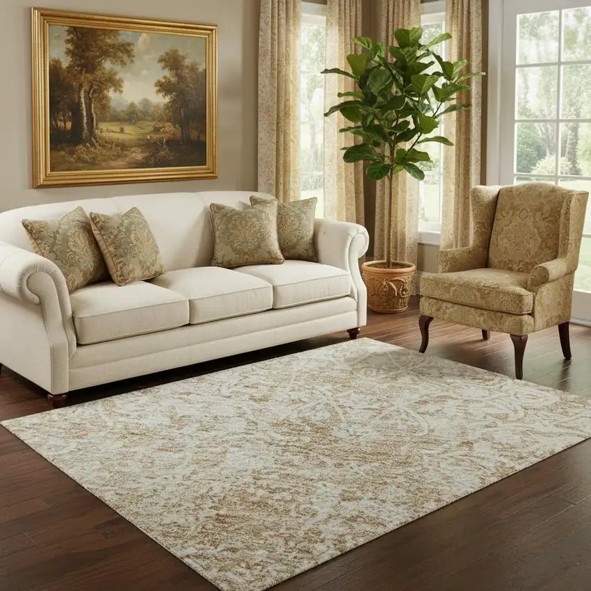 Coral And Ivory Oriental Washable Area Rug With UV Protection Photo 2