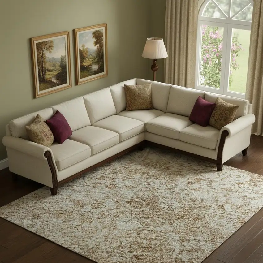 Coral And Ivory Oriental Washable Area Rug With UV Protection Photo 1