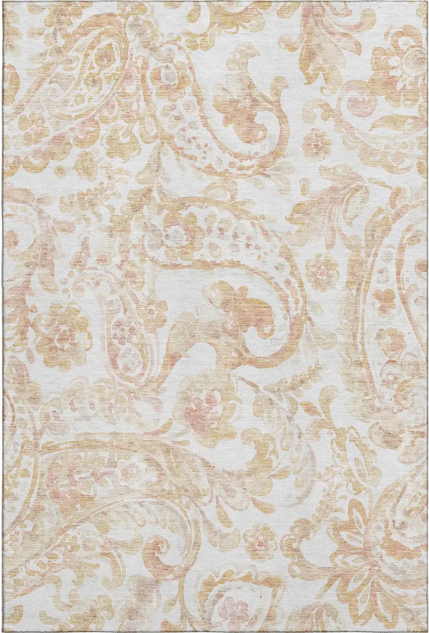 Coral And Ivory Paisley Washable Area Rug With UV Protection Photo 1