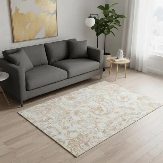 Coral And Ivory Paisley Washable Area Rug With UV Protection Photo 2