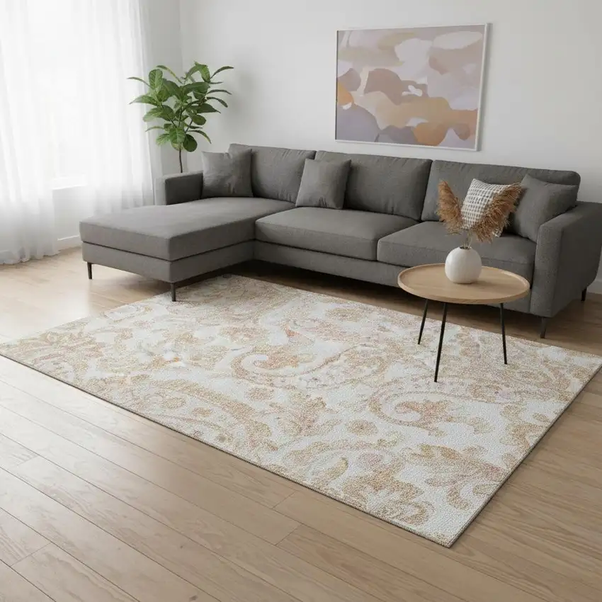 Coral And Ivory Paisley Washable Area Rug With UV Protection Photo 2