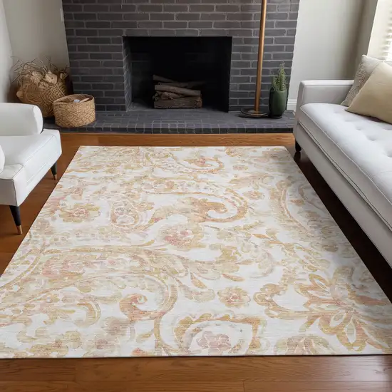 Coral And Ivory Paisley Washable Area Rug With UV Protection Photo 5