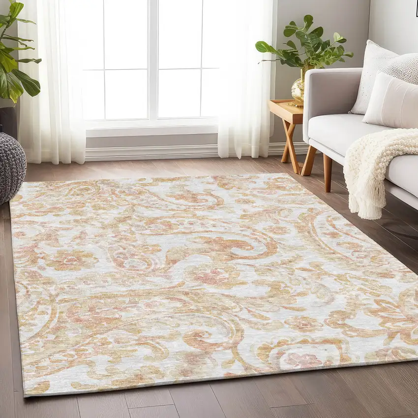 Coral And Ivory Paisley Washable Area Rug With UV Protection Photo 6