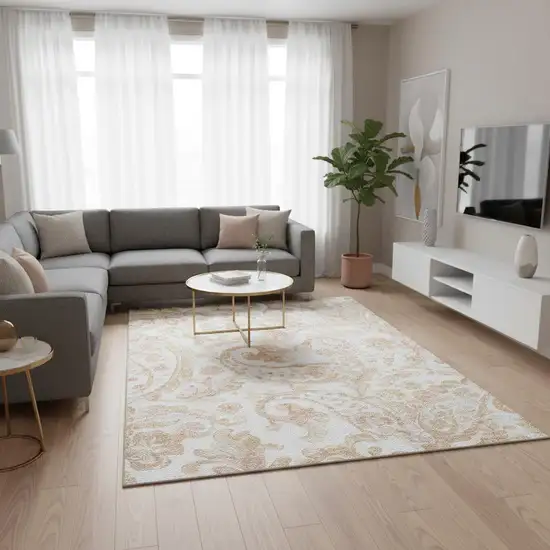 Coral And Ivory Paisley Washable Area Rug With UV Protection Photo 2