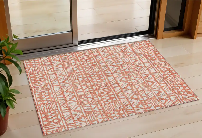 Coral And Ivory Southwestern Washable Indoor Outdoor Area Rug Photo 1
