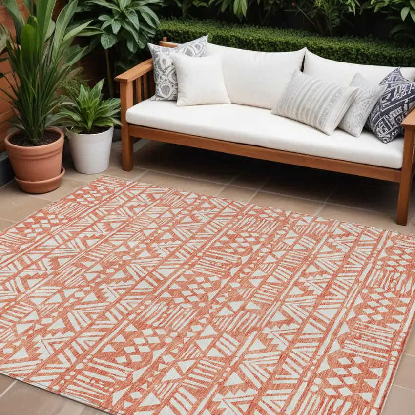 Coral And Ivory Southwestern Washable Indoor Outdoor Area Rug Photo 1