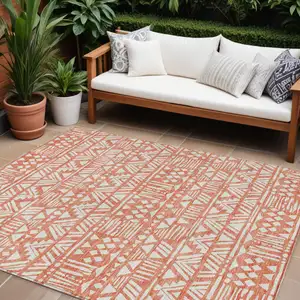 Photo of Coral And Ivory Southwestern Washable Indoor Outdoor Area Rug