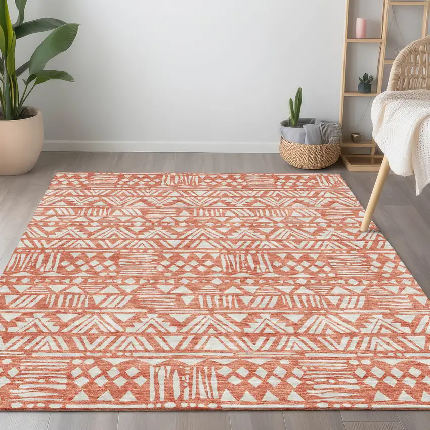 Coral And Ivory Southwestern Washable Indoor Outdoor Area Rug Photo 9