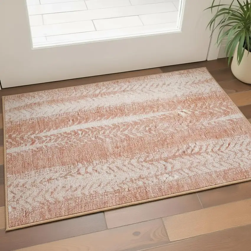 Coral And Ivory Striped Washable Area Rug With UV Protection Photo 2