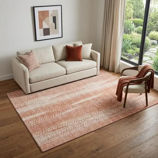 Coral And Ivory Striped Washable Area Rug With UV Protection Photo 1