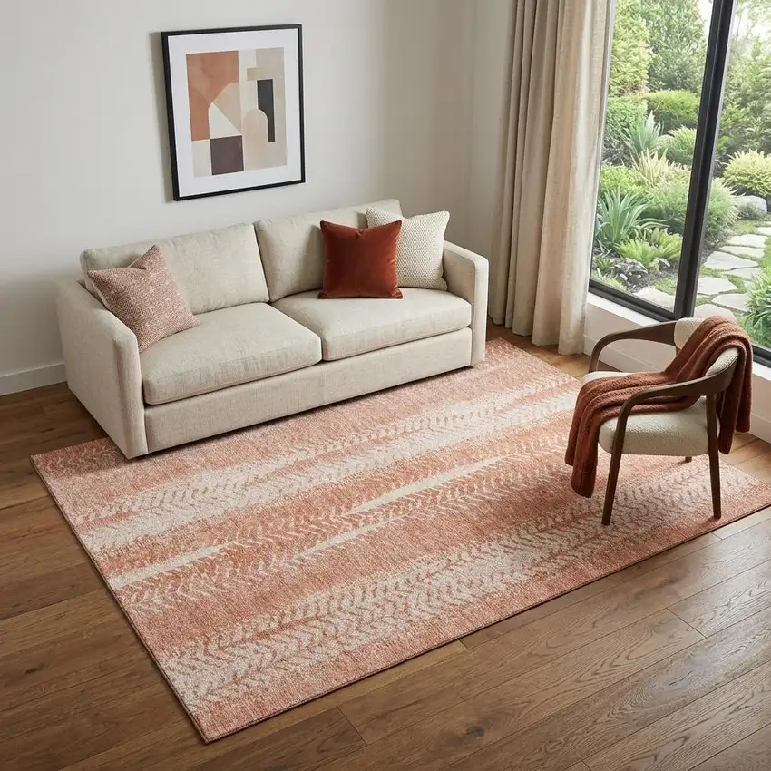 Coral And Ivory Striped Washable Area Rug With UV Protection Photo 1