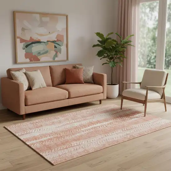 Coral And Ivory Striped Washable Area Rug With UV Protection Photo 1