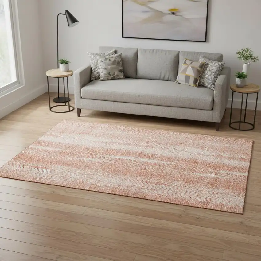Coral And Ivory Striped Washable Area Rug With UV Protection Photo 1