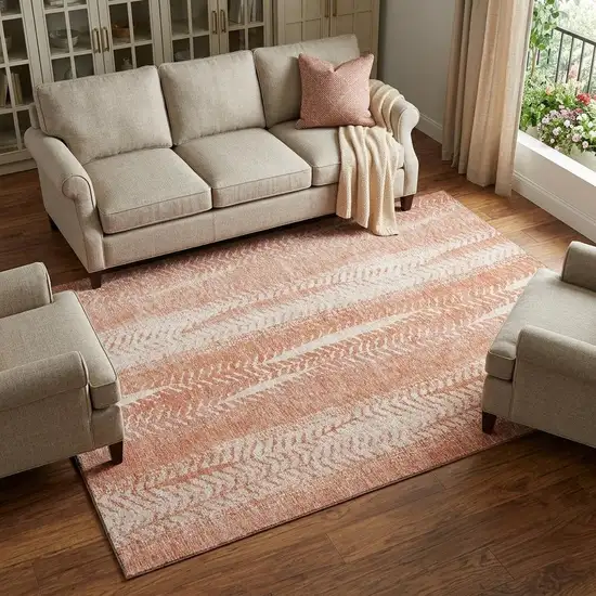 Coral And Ivory Striped Washable Area Rug With UV Protection Photo 1