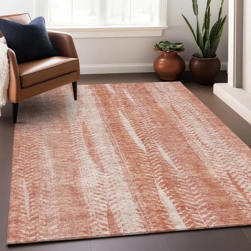 Coral And Ivory Striped Washable Area Rug With UV Protection Photo 4